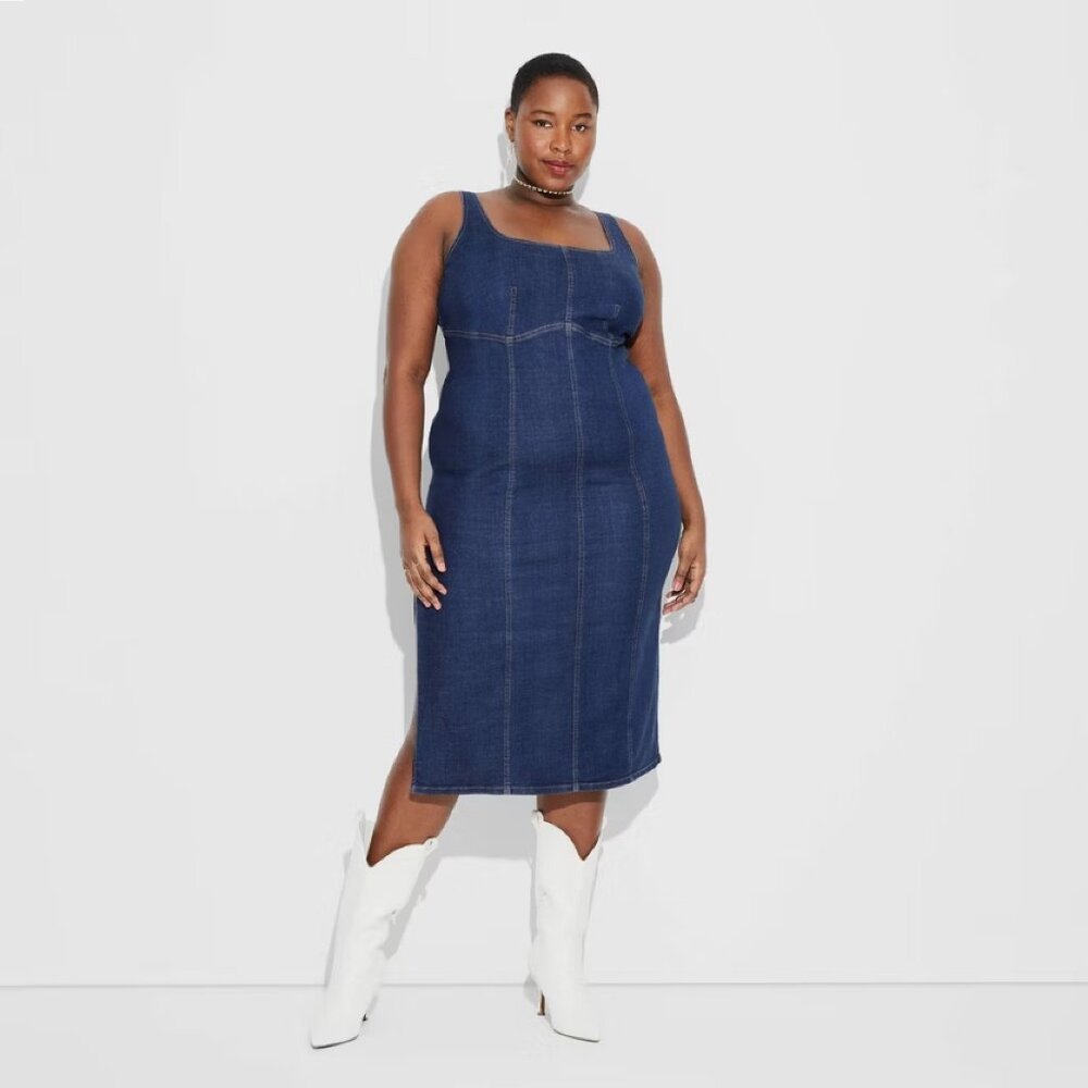 brand new Sz XXL Wild Fable Women's Denim Midi Bodycon Dress in Dark Blue Wash